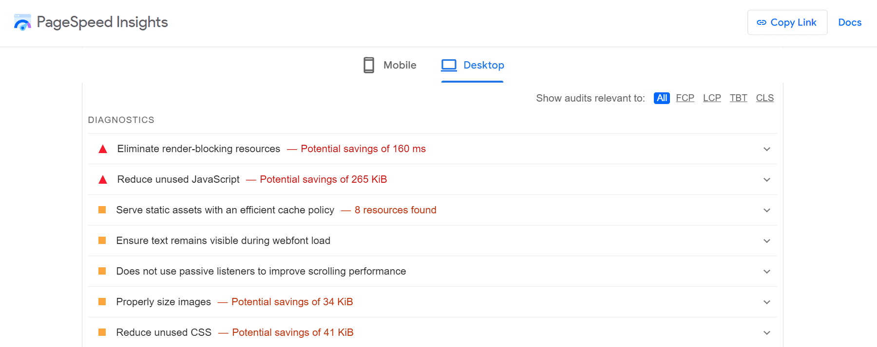 PageSpeed Insights Diagnostics